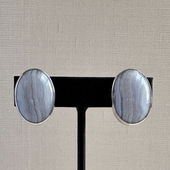 Vintage Native American Navajo Sterling Silver Blue Lace Agate Clip On Earrings - Picture 2 of 7